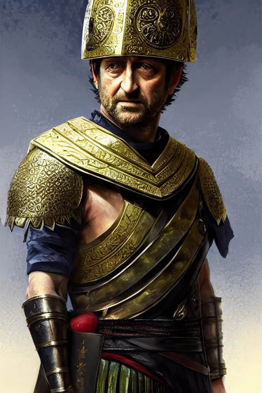 Image similar to portrait gerard butler as a greek king with a watermelon helmet, greek, intricate, headshot, key visual, conceptart, ambient lighting, highly detailed, digital painting, artstation, concept art, sharp focus, by makoto shinkai and akihiko yoshida and greg manchess