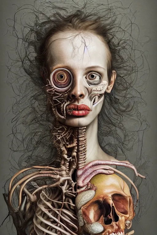 Image similar to Detailed maximalist portrait with large lips and eyes, scared expression, botanical anatomy, skeletal with extra flesh, HD mixed media, 3D collage, highly detailed and intricate, surreal illustration in the style of Jenny Saville, dark art, baroque, centred in image, rendered in octane