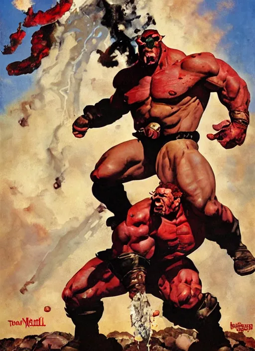 Image similar to full body and head portrait of enormous muscular hellboy wearing tattered trench coat, explosion and debris in the background, dynamic action, painted by norman rockwell and phil hale and greg staples and tom lovell and frank schoonover and jack kirby, movie