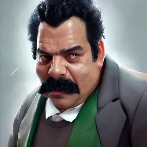 Image similar to hyper realistic, realistic - anime, 4 k, 8 k, pixiv, artstation, portrait, beautifully rendered, luis guzman as luigi wearing green, smirking deviously, nintendo's luigi, luigi's nose, painted by greg rutkowski, wlop, artgerm, dishonored 2,