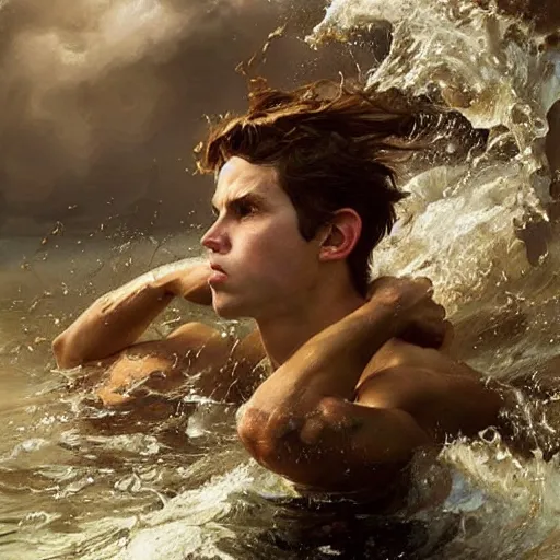 Image similar to epic battle brown haired boy summons a huge wave of water. photo realistic. realistic. extremely detailed. masterpiece. dramatic. rule of thirds. jc leyendecker. repin. ruan jia.