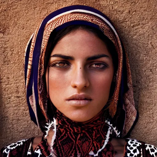 Prompt: portrait of a stunningly beautiful middle eastern tribal female, depth of field, zeiss lens, detailed, symmetrical, centered, fashion photoshoot, by Annie Leibovitz and Steve McCurry, David Lazar, Jimmy Nelsson, Breathtaking, 8k resolution, extremely detailed, beautiful, establishing shot, artistic, hyperrealistic, beautiful face, octane render