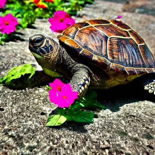Image similar to a picture of a turtle in love with a flower, vivid colours, depth of field, 50mm
