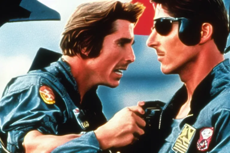 Image similar to film still of Christian Bale as Maverick in Top Gun 1986