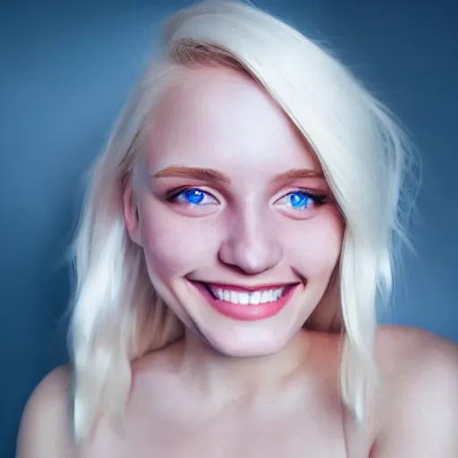 Prompt: beautiful hyperrealism selfie of a cute 3 d young woman smiling smugly, long light platinum blonde hair, flushed face, small heart - shaped face, cute freckles, light blue eyes, golden hour, 8 k, instagram