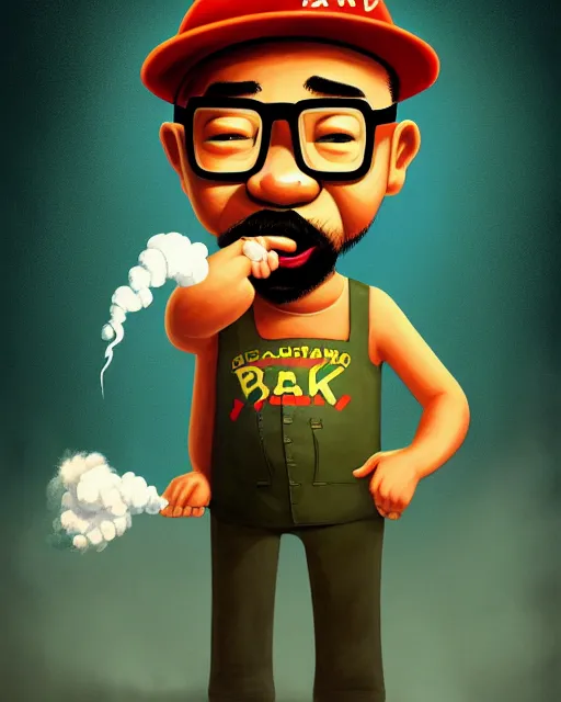 Image similar to painting portrait of big smoke evaporating as smoke, cartoon, warm lighting. big smoke's body is smoke. movie poster, illustration by bartek fedyczak, erak note, tooth wu, neil richards, kan liu, siwoo kim, jisu choe, trending on art station