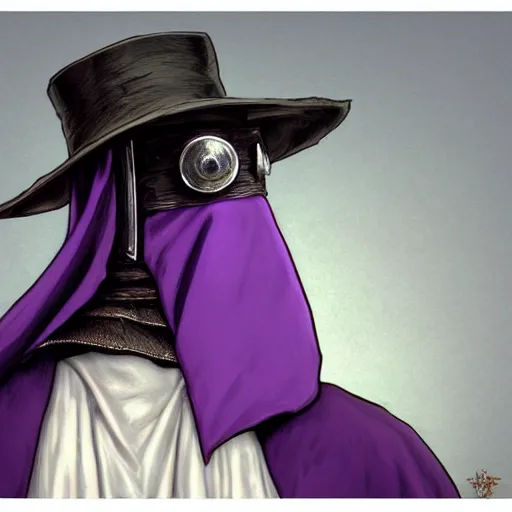 Image similar to mediaeval plague doctor wearing a top hat with a purple ribbon, intricate, epic, highly detailed, digital painting, artstation, concept art, smooth, sharp focus, illustration, unreal engine 5, 8 k, art by artgerm and greg rutkowski and alphonse mucha