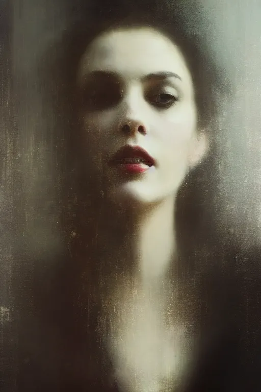 Image similar to detailed cinematic moody colors studio portrait of the memories of a victorian lady with a sensual pose kissing a gentleman with a blurred face high quality by jeremy mann, only one head single portrait