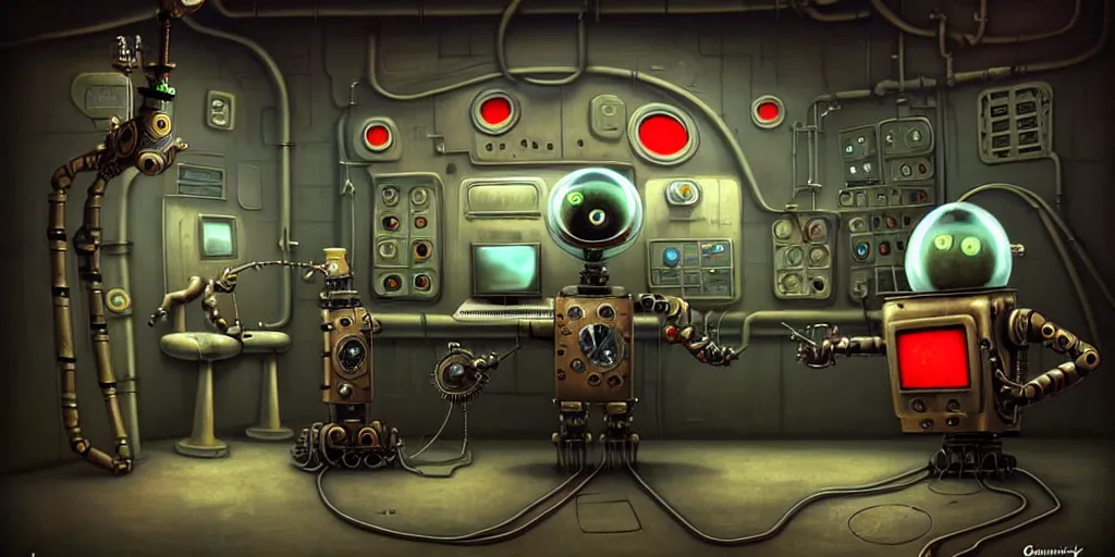 Image similar to steampunk robot happy Funny cartoonish with red eyes at a nuclear control room, by Gediminas Pranckevicius H 704