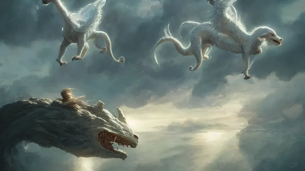 Prompt: falkor the luck dragon flying through the nothing. the neverending story movie. greg rutkowski. sunlit undertones. artstation. 3 8 4 0. 2 1 6 0.