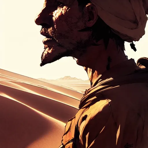 Image similar to man in the desert looking for wifi by Akihito Yoshitomi AND Yoji Shinkawa AND Greg Rutkowski, Mark Arian trending on artstation