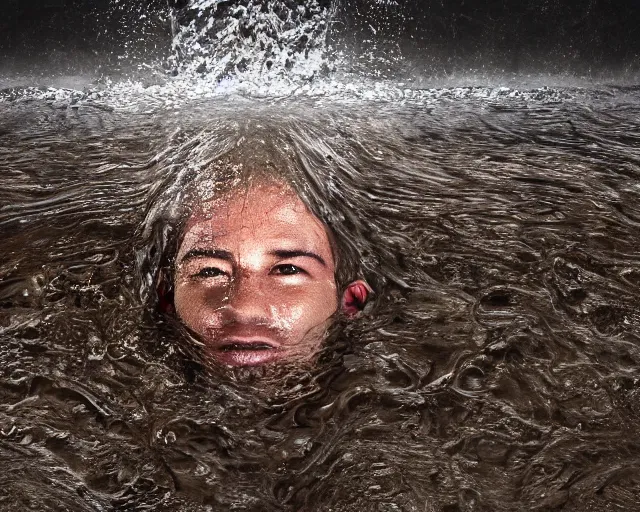 Prompt: water art manipulation of a realistic human head coming out of the ground, surreal, hyper realistic, ray tracing, realistic water, sharp focus, 8 k resolution, cinematic