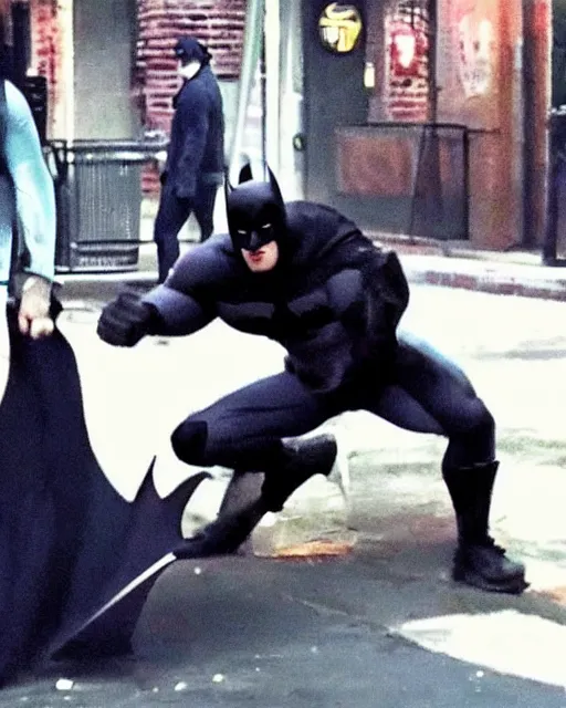 Prompt: Batman caught beating up a random guy in Gotham, secuirty cam footage, low quality footage, leaked footage, viral on instagram, viral on twitter, snapchat photo