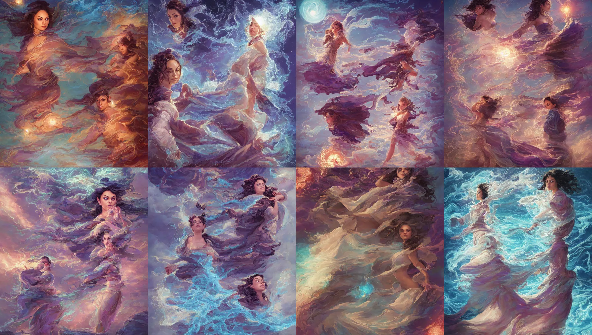 Prompt: mila kunis, wind sorcerer, intricate robes, gloomhaven, luminescent, colorful swirly magic ripples, pastel colors, by greg manchess, huang guangjian, gil elvgren, sachin teng, greg rutkowski, jesper ejsing, ilya kuvshinov, focal length : 2 0 0. 0 mm