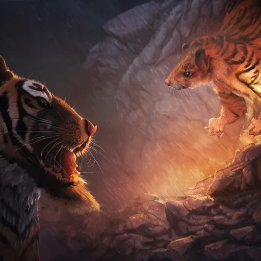 Image similar to Squirrel/tiger, ferocious, angry, magic the gathering artwork, D&D, fantasy, cinematic lighting, centered, symmetrical, highly detailed, digital painting, artstation, concept art, smooth, sharp focus, illustration, volumetric lighting, epic Composition, 8k, art by Akihiko Yoshida and Greg Rutkowski and Craig Mullins, oil painting, cgsociety