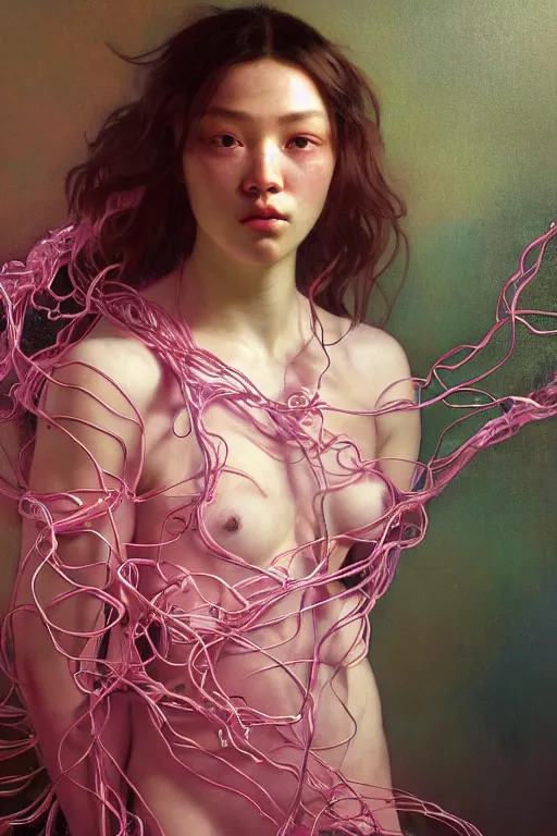 Image similar to hyperrealist portrait of elijah zu bailey, pink, it is decorated with long wires that fall like vines and wears small computers over their body. by jeremy mann and alphonse mucha, fantasy art, photo realistic, dynamic lighting, artstation, poster, volumetric lighting, very detailed faces, 4 k, award winning