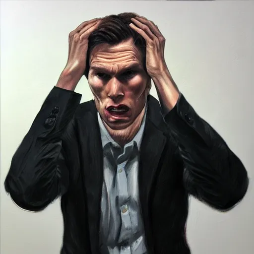 Image similar to Jerma thinking and pondering with his hand on his chin hunched over, Realistic, Hyperrealistic, Highly Detailed, Very Detailed, HD Quality, 8k Resolution, Digital Art, Oil Painting, Trending on Artstation, Real Life