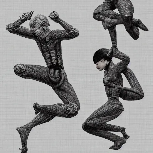 Image similar to rpg character concept art, three cyborgs doing acroyoga while floating in cosmic space, intricate detail, in the style of jamie hewlett kawase hasui riyoko ikeda, 3 d render, artstation trending, 8 k, octane render, photorealistic, sharp detail, manga, black and white