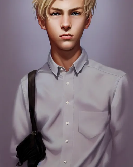 Image similar to portrait of 1 5 - year - old boy, a tall, slender boy with a pale, pointed face, sleek blond hair, and ice grey eyes, wearing in shirt, hyper realistic face, beautiful eyes, character art, art by mark brooks, trending on artstation, digital art