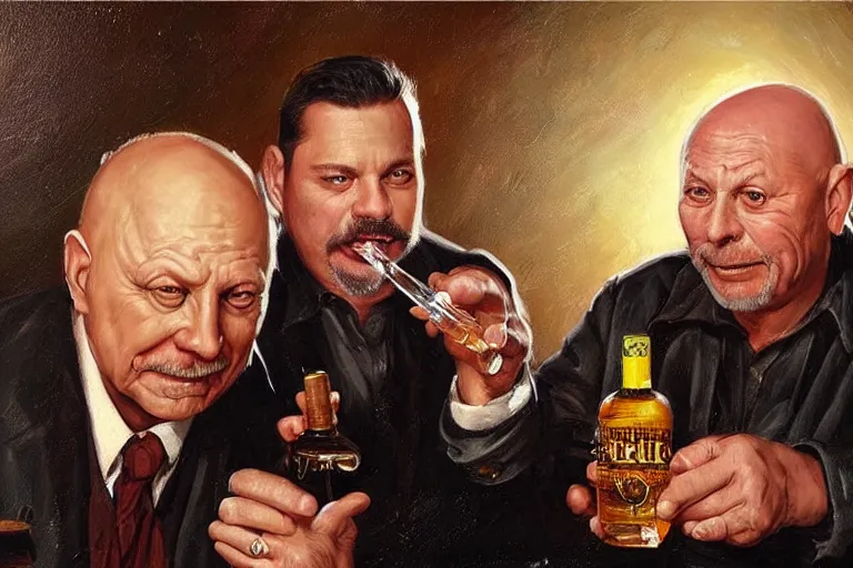 Prompt: portrait of tom atkins and donald pleasents drinking tequila shots, an oil painting by ross tran and thomas kincade