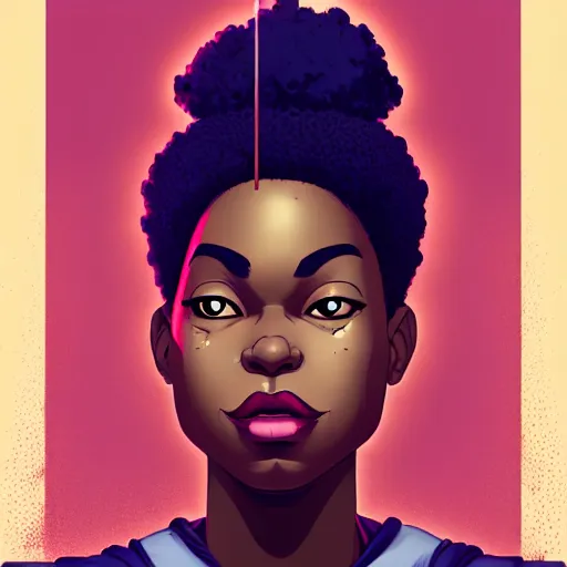 Image similar to Portrait design of afropunk urban character in a street, medium shot, asymmetrical, 3/4 profile picture, painting by Alberto Mielgo and Laurie Greasley and Lois van Baarle, trending on artstation,