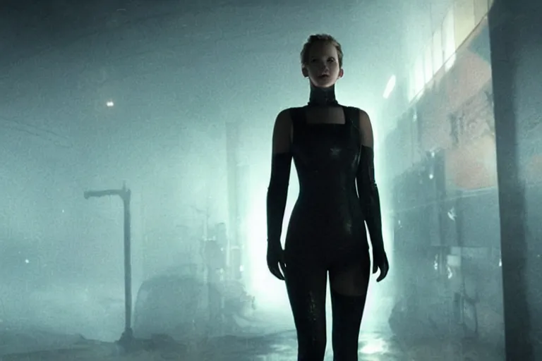 Image similar to jennifer lawrence in a cyberpunk outfit, sci-fi movie still, cinematic lighting