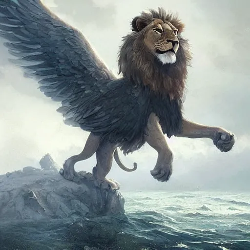 Prompt: A lion with eagle wings coming out of the sea , digital Art, Greg rutkowski, Trending artstation, cinematographic, hyperrealistic