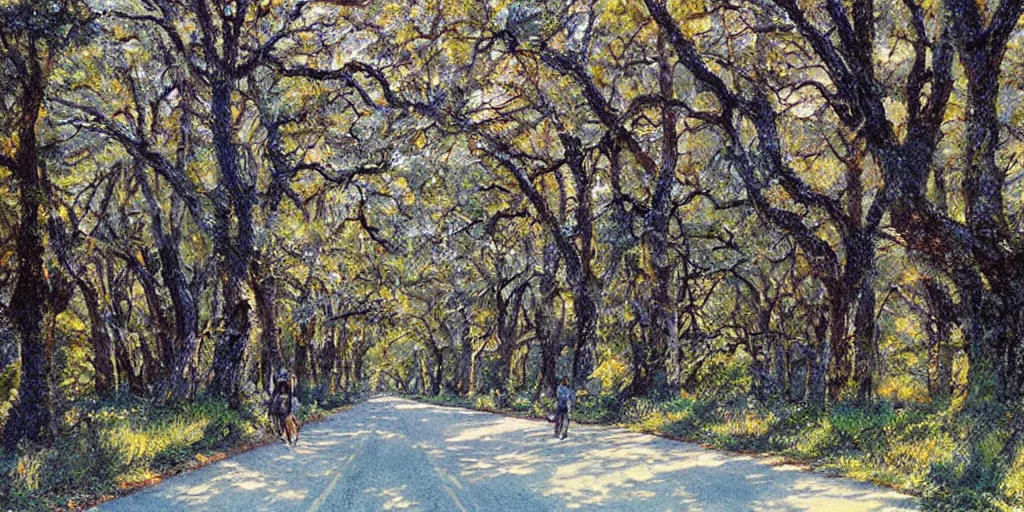 Prompt: A pilgrimage road, mostly empty, with blue oak trees on both sides, and rolling down the road are giant living wheels, art by James Gurney