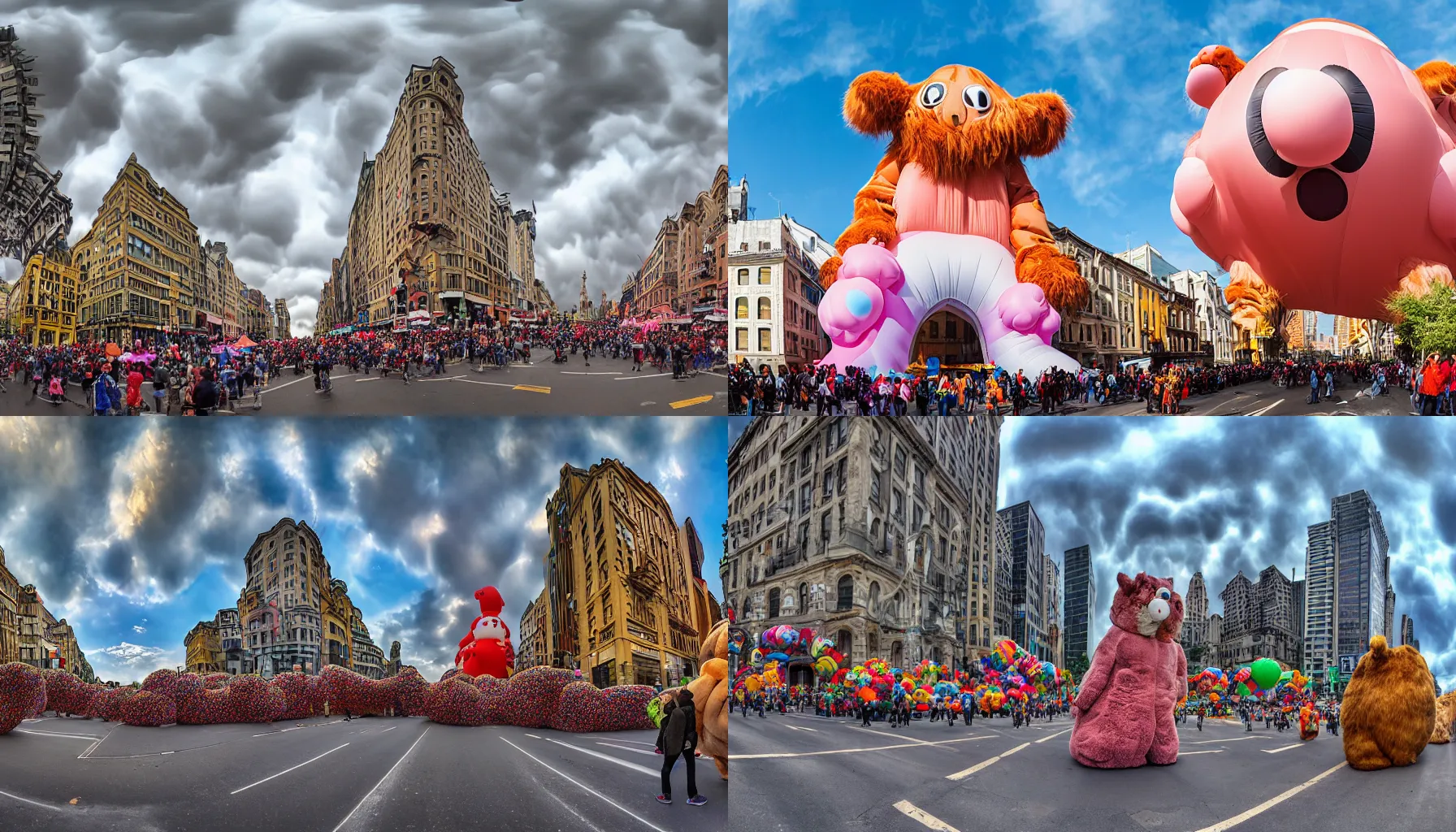 Prompt: a professional photograph of a very giant huge inflatable parade balloon of an very uncanny and unidentifiable furry animal that nearly fills a very beautiful city street. The furry balloon nearly fills the frame like a Kaiju attacking the city. Mammatus clouds worms eye shot, wide-angle, racking focus, extreme panoramic, Dynamic Range, HDR, chromatic aberration, Orton effect, Photo by Marc Adamus, Ryan Dyar, Ezra Stoller, and Andres Gursky
