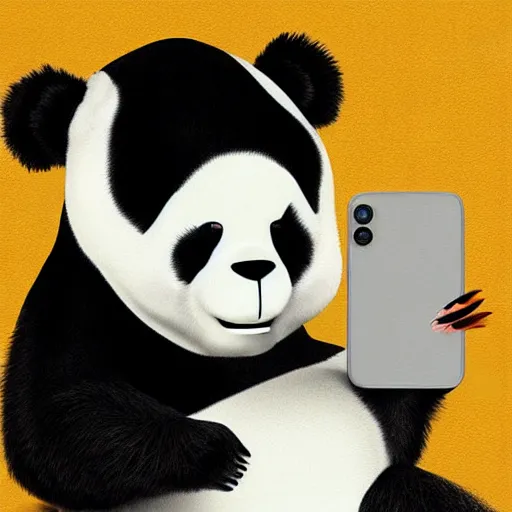 Prompt: A panda is making a selfie with an iPhone, digital art