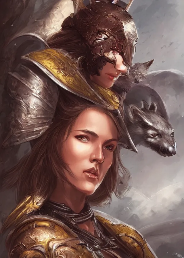 Image similar to a beautiful hyper realistic detailed epic concept art showing a noble knight women with her raccoon gardian above her, by artgerm, charlie bowater, in the style of dragon age, featured on artstation