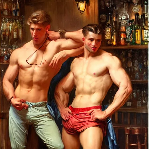 Image similar to attractive muscular male with brunet hair and attractive muscular male with blond hair. pants and shorts, drinking their hearts out, in a pub. highly detailed and very defined painting by j. c. leyendecker, gaston bussiere, craig mullins 8 k