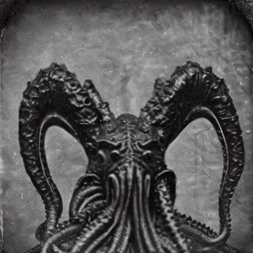 Prompt: tintype photo close up of a Cthulhu