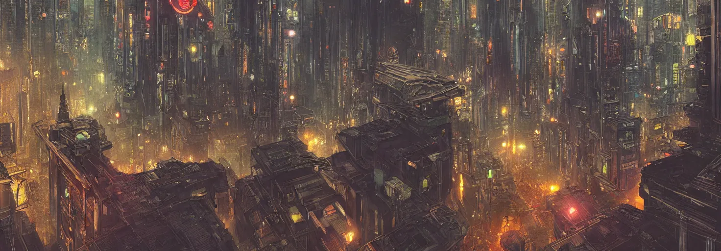 Image similar to Panorama hyper detailed painting of a polluted cyberpunk cityscape with art nouveau styled architecture and blade runner aesthetics at night, 8 mm, highly detailed, digital mixed media style painting, artstation, concept art, smooth, sharp focus, illustration, hyperrealism, photorealism, art by bill sienkiewicz, greg rutkowski and alphonse mucha