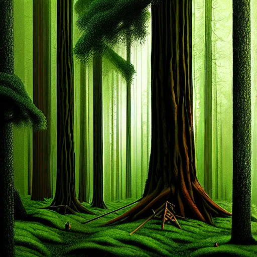 Prompt: treehut, redwood, moss, big forrest, by alex andreev, landscape, high contrast, digital