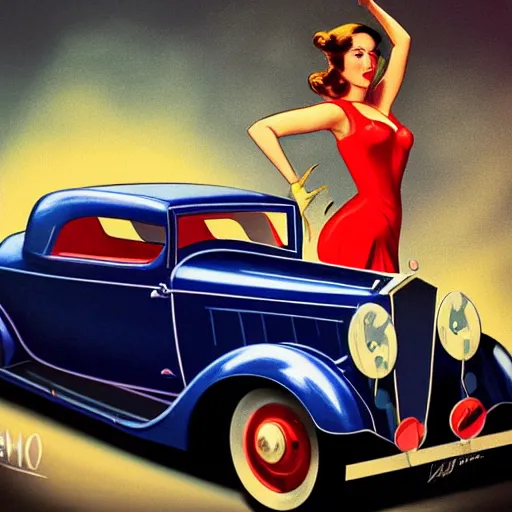 Prompt: 3 d fisheye, very low angle, wide angle, painting showing olivia munn driving exaggerated 1 9 3 0 s car with woman driving, shiny, short skirt, dramatic lighting, sultry, sensual, shiny, vargas, wlop, manara, mucha, moebius, elvgren, joshua middleton, clay mann, artgerm