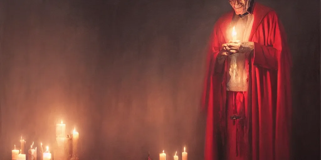 Prompt: A hyper realistic oil painting of a very old vampire dressed in a crimson robe, surrounded by candles, creepy atmosphere, moody lighting, by Greg Rutkowski, trending on artstation, 4k, underground