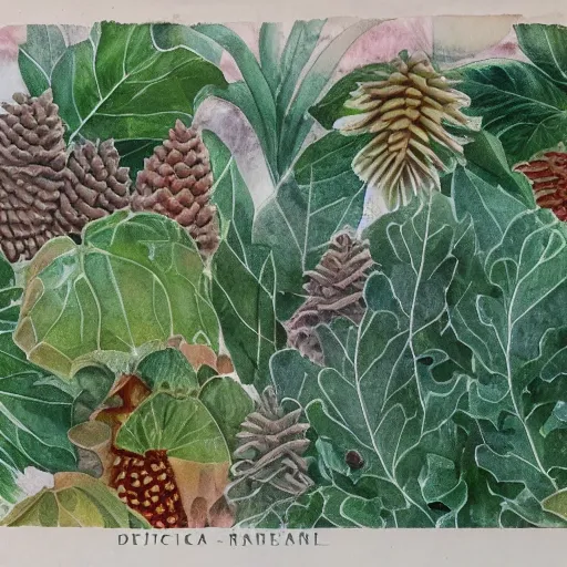 Image similar to delicate garden on paper floating puffy vines botanical 1 9 2 0 herbarium botanic watercolors river rain iridescent 8 k wide angle realistic shaded fine details, artstation italian rainbow colonnade oak pinecone gardena architecture pompeii