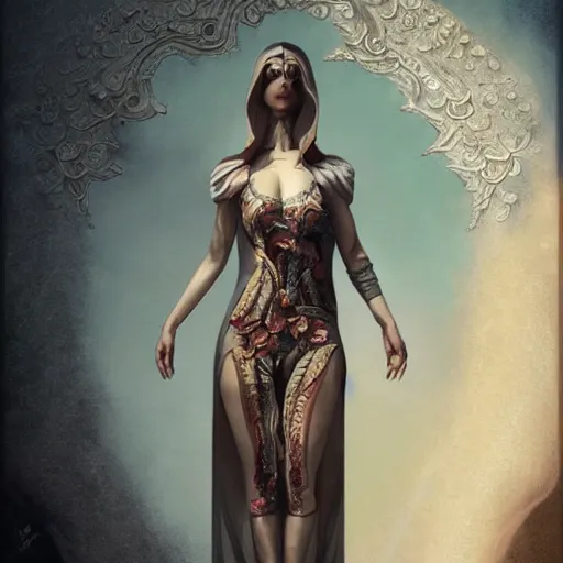 Prompt: ultra realist soft painting of a single attractive cartomancer female sillicon skin tight long dress, curiosities carnival, partial symmetry accurate features, very intricate details, focus, curvy, artstyle Tom Bagshaw, award winning