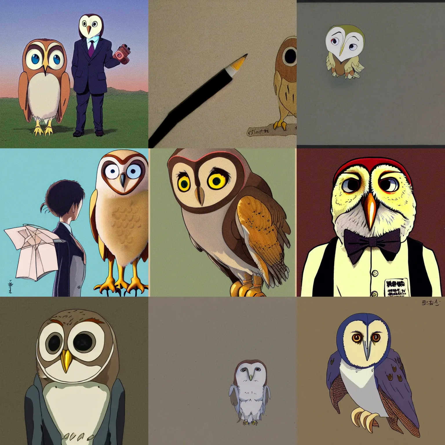 Prompt: a shoot of an anthropomorphic barn owl wearing a suit in a Studio Ghibli movie,pencil art by Studio Ghibli,colored by Studio Ghibli,symetric face and body