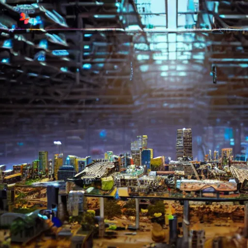 Image similar to large group people in a frame warehouse, looking at hologram of futuristic city on a table, cinematic concept art, godrays, golden hour, natural sunlight, 4 k, clear details, tabletop model buildings, tabletop model, hologram center, crane shot, crane shot, crane shot