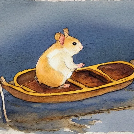 Image similar to a watercolor painting of a hamster in a boat by Beatrix Potter, behance, naive art, watercolor, storybook illustration, photoillustration