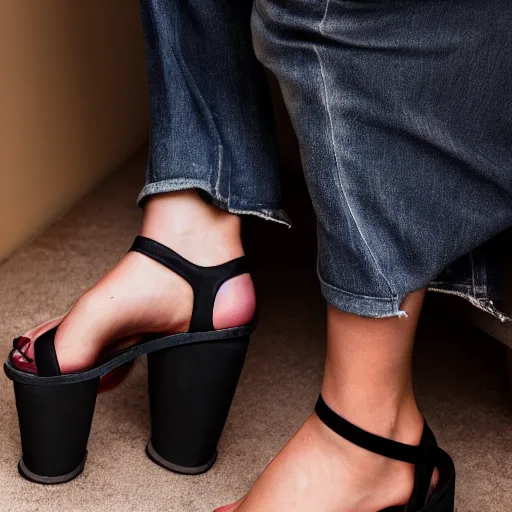 Prompt: a close up shot of a woman's feet in black demonia chunky platform sandals, studio light, 8 k