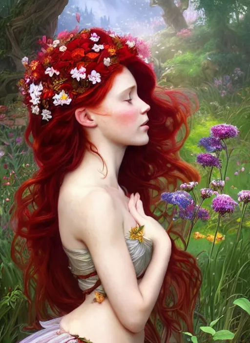 Image similar to a beautiful red haired woman as a fairy princess in a garden holding a bunch of wild flowers, deep focus, d & d, fantasy, intricate, elegant, highly detailed, digital painting, artstation, concept art, matte, sharp focus, illustration, hearthstone, art by artgerm and greg rutkowski and alphonse mucha