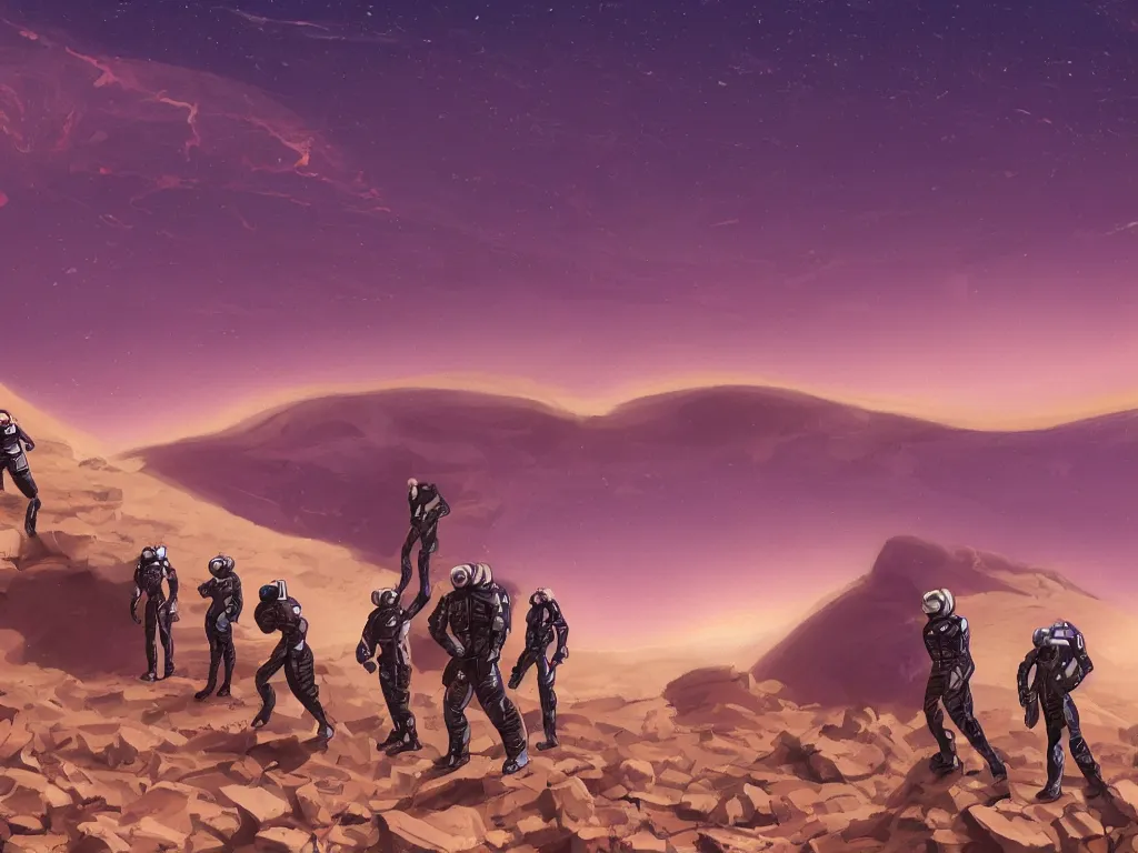 Prompt: a team of overweight teenagers with emo haircuts and intricate purple and black space spandex suits, no helmets, standing on the rocky surface of mars, watching a burning spacecraft, sunset, sand storm approaching, highly detailed, digital painting, artstation, concept art, smooth, sharp focus, illustration