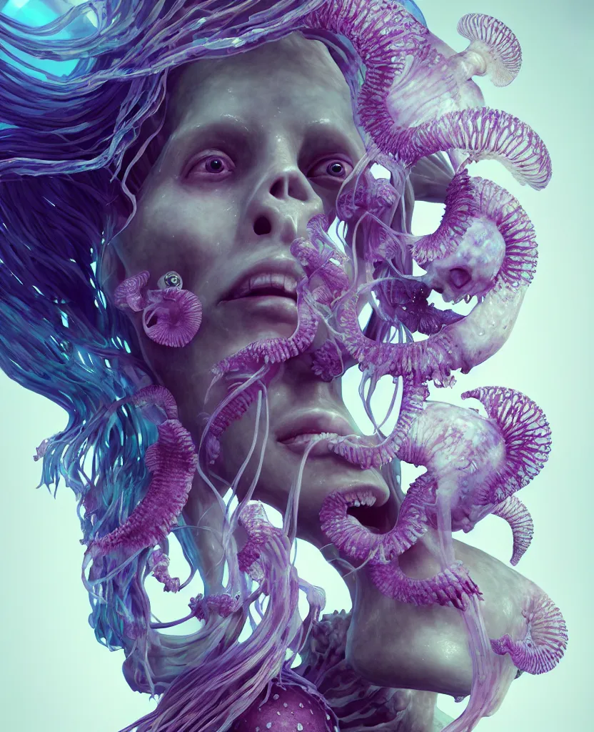 Image similar to goddess close - up portrait human skeleton, ram skull, jellyfish, orchid, betta fish, bioluminiscent, intricate artwork by tooth wu and wlop and beeple. octane render, trending on artstation, greg rutkowski very coherent symmetrical artwork. cinematic, hyper realism, high detail, octane render, 8 k