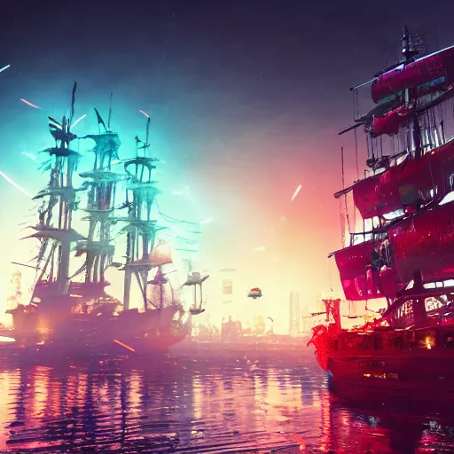 Image similar to high quality photo of a pirate ship in a cyberpunk cyberpunk cyberpunk city, realism, 8k, award winning photo