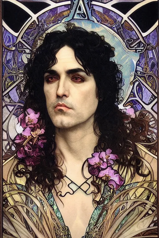 Prompt: realistic detailed face portrait of Paul Stanley of the Tarot by Alphonse Mucha, Ayami Kojima, Amano, Charlie Bowater, Karol Bak, Greg Hildebrandt, Jean Delville, and Mark Brooks, Art Nouveau, Neo-Gothic, gothic, Tarot card, rich deep moody colors