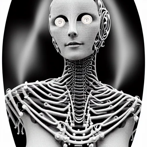 Image similar to black and white photographic foggy portrait, biomechanical beautiful young female priestess - robot bust, body ribs meshes,, volumetric light, rim light, by dora maar and cecile beaton, big gothic fashion pearl embroidered collar, 8 k