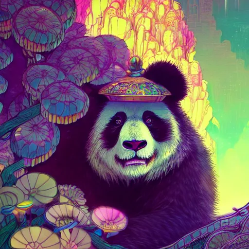 Image similar to a beautiful hyperdetailed character design 4 k wallpaper illustration of a cute panda with a chinese lion dance head victo ngai cyberpunk style, from china, style of studio ghibli, makoto shinkai, raphael lacoste, louis comfort tiffany, artgerm, james jean, ross tran, chinese style